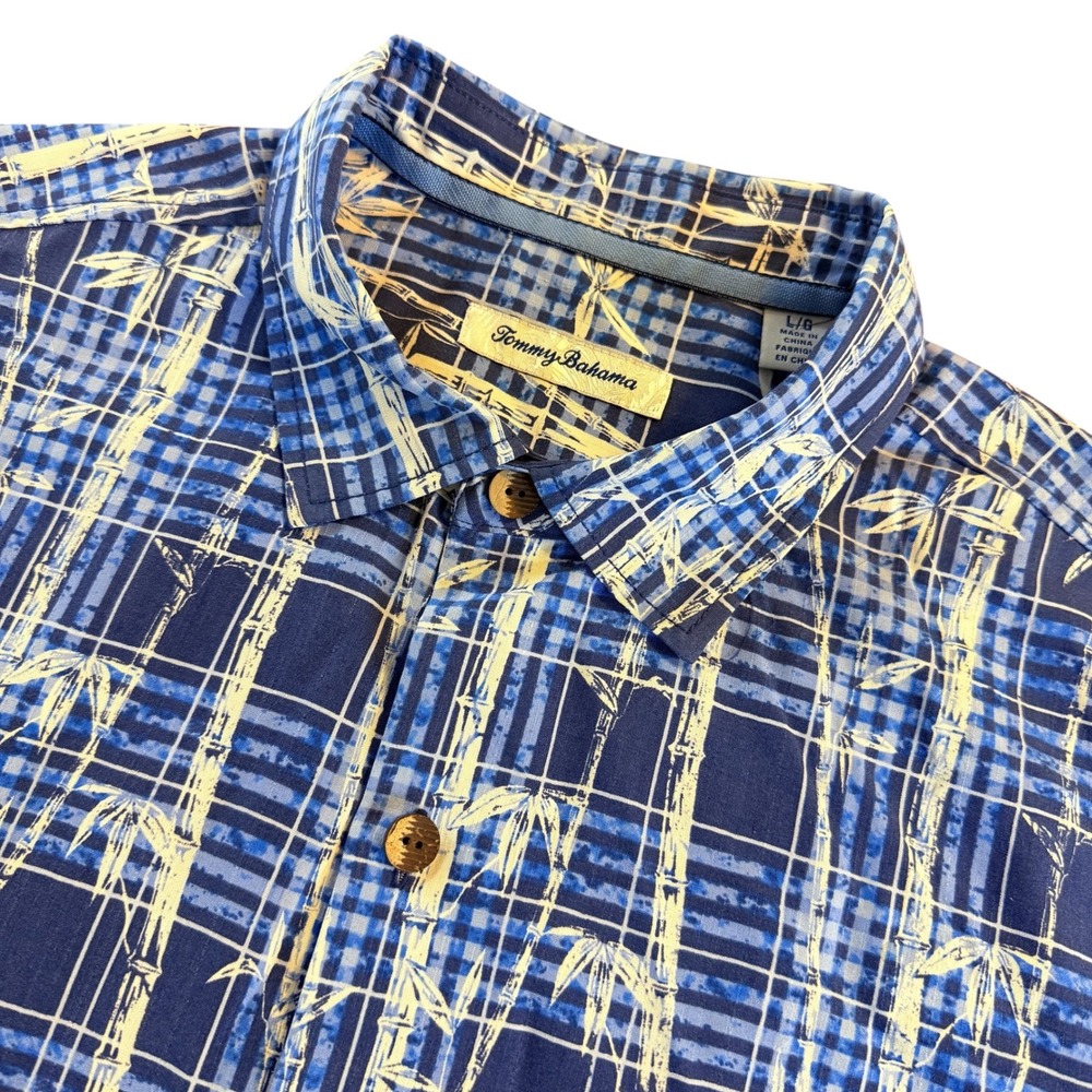 Tommy Bahama Island Zone Silk Blend Blue Bamboo Grid Print Shirt Mens Large S/S